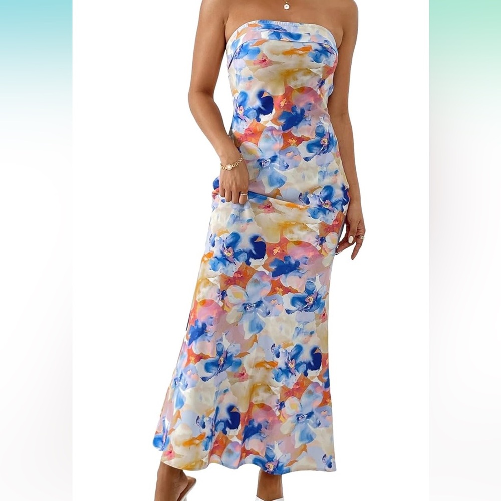 Floral Print Strapless Draped Backless Maxi Dress - Picture 2 of 2